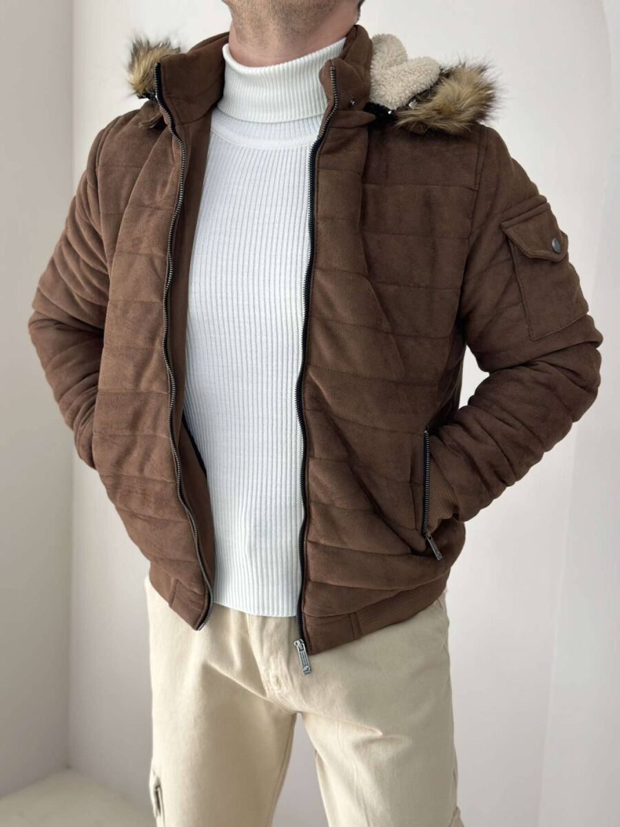 HOODED MEN PUFFER JACKET IN DARK BROWN COLOR - 2