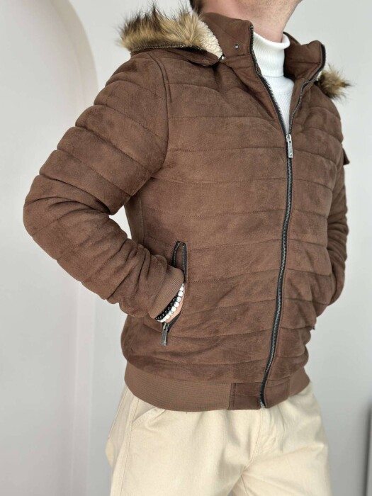 HOODED MEN PUFFER JACKET IN DARK BROWN COLOR - 3