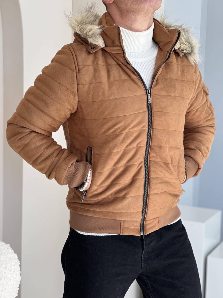HOODED MEN PUFFER JACKET IN LIGHT BROWN COLOR - 3