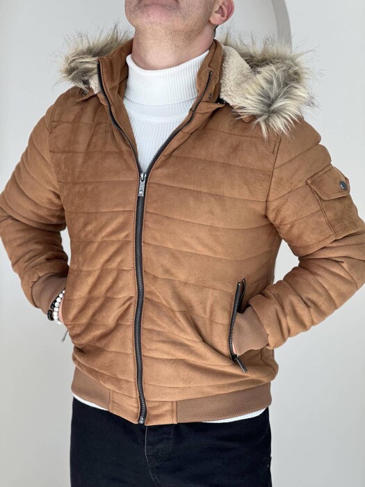 HOODED MEN PUFFER JACKET IN LIGHT BROWN COLOR - 4