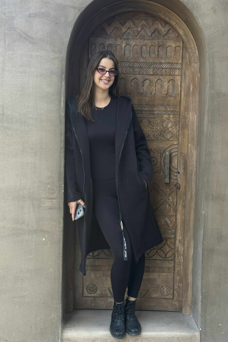 HOODED ONE COLOR LONG WOMEN CARDIGAN BLACK/ E ZEZE - 3