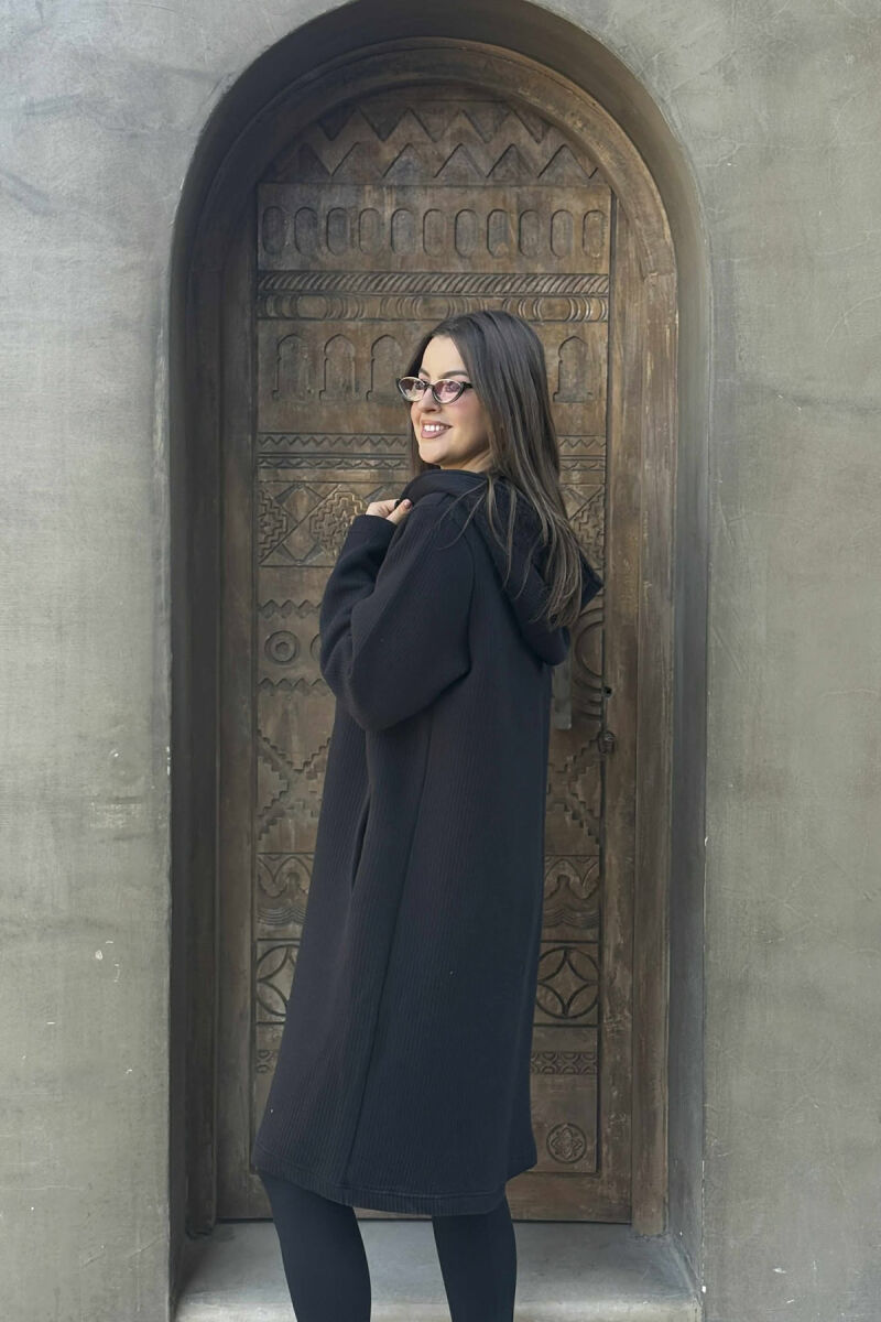 HOODED ONE COLOR LONG WOMEN CARDIGAN BLACK/ E ZEZE - 4