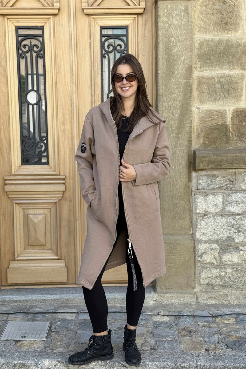 HOODED ONE COLOR LONG WOMEN CARDIGAN BROWN/KAFE - 1