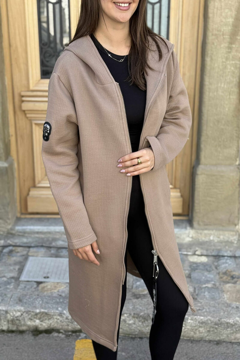 HOODED ONE COLOR LONG WOMEN CARDIGAN BROWN/KAFE - 2