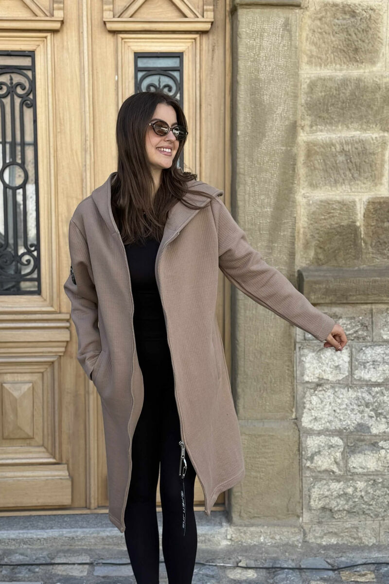 HOODED ONE COLOR LONG WOMEN CARDIGAN BROWN/KAFE - 3