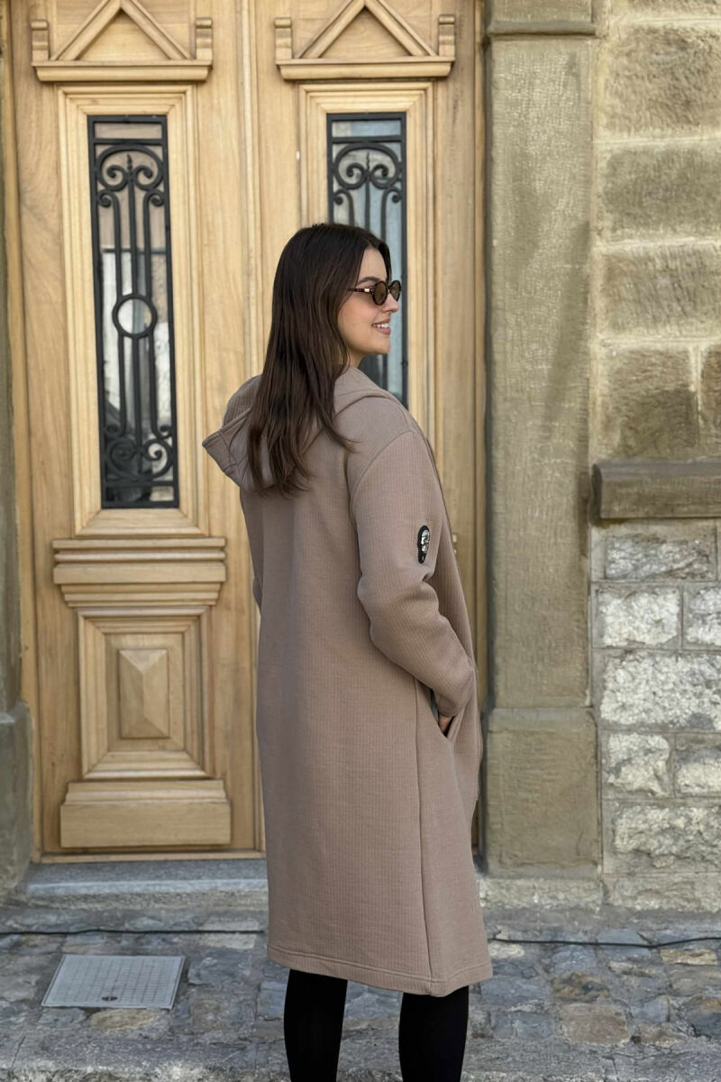 HOODED ONE COLOR LONG WOMEN CARDIGAN BROWN/KAFE - 4