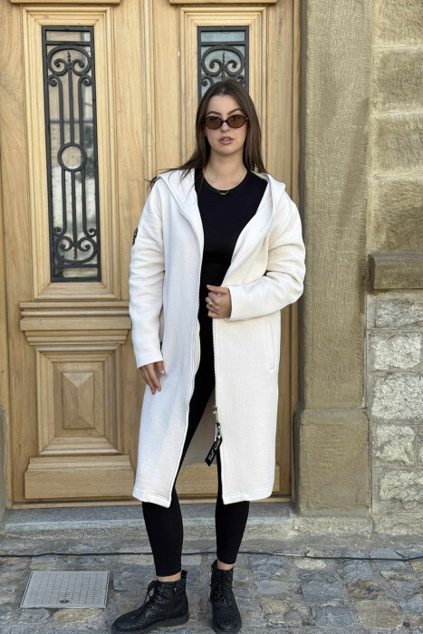 HOODED ONE COLOR LONG WOMEN CARDIGAN CREAM/KREM - KLAUDIO FASHION