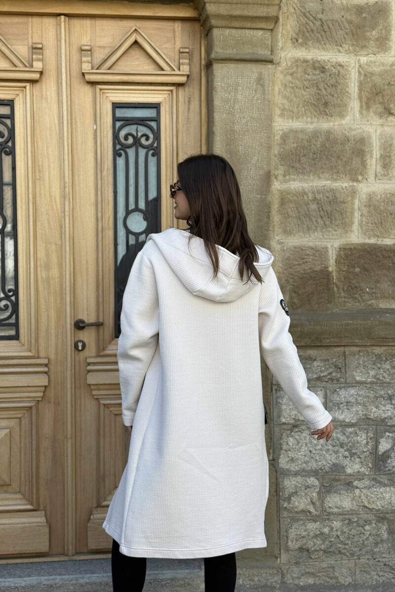 HOODED ONE COLOR LONG WOMEN CARDIGAN CREAM/KREM - 3
