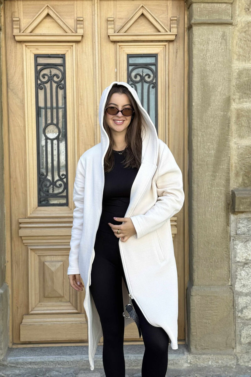 HOODED ONE COLOR LONG WOMEN CARDIGAN CREAM/KREM - 4