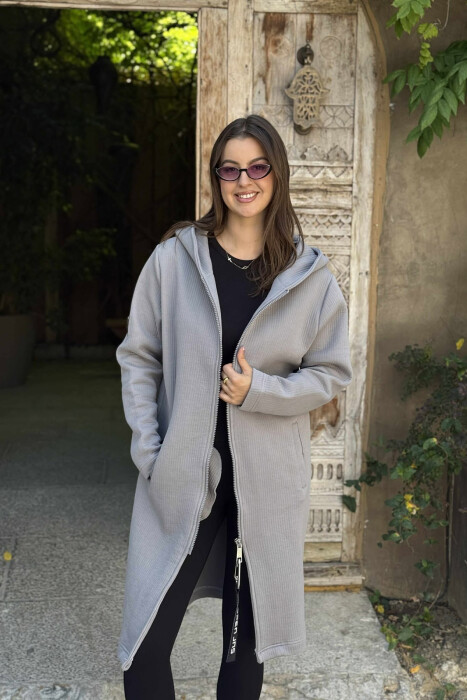 HOODED ONE COLOR LONG WOMEN CARDIGAN GREY/GRI - 2