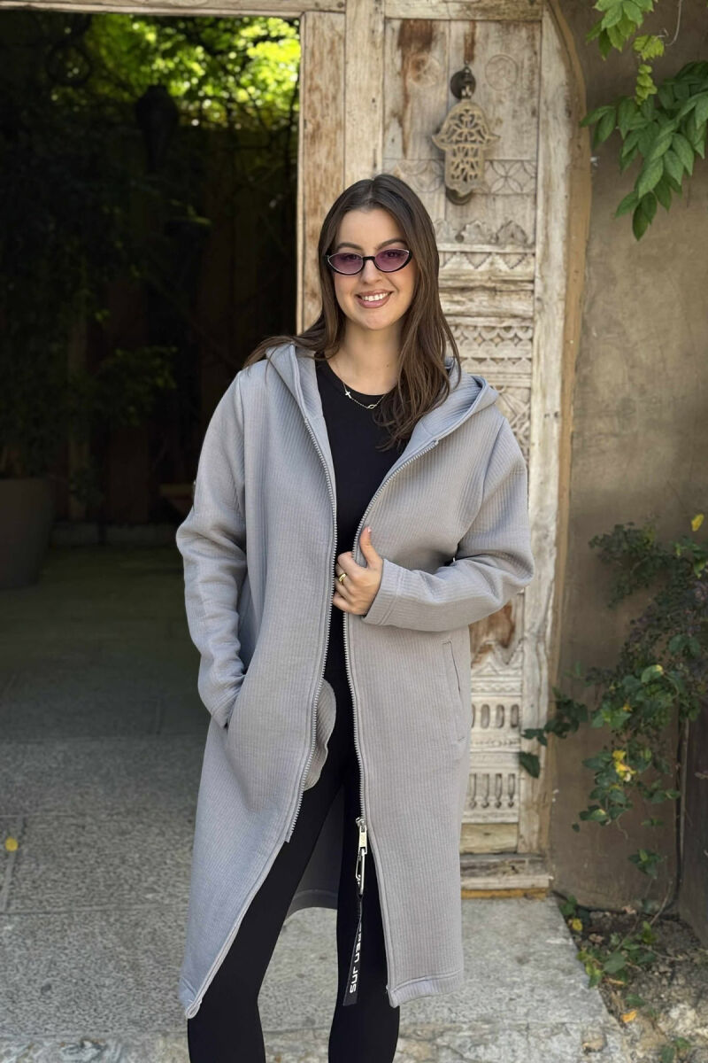 HOODED ONE COLOR LONG WOMEN CARDIGAN GREY/GRI - 2