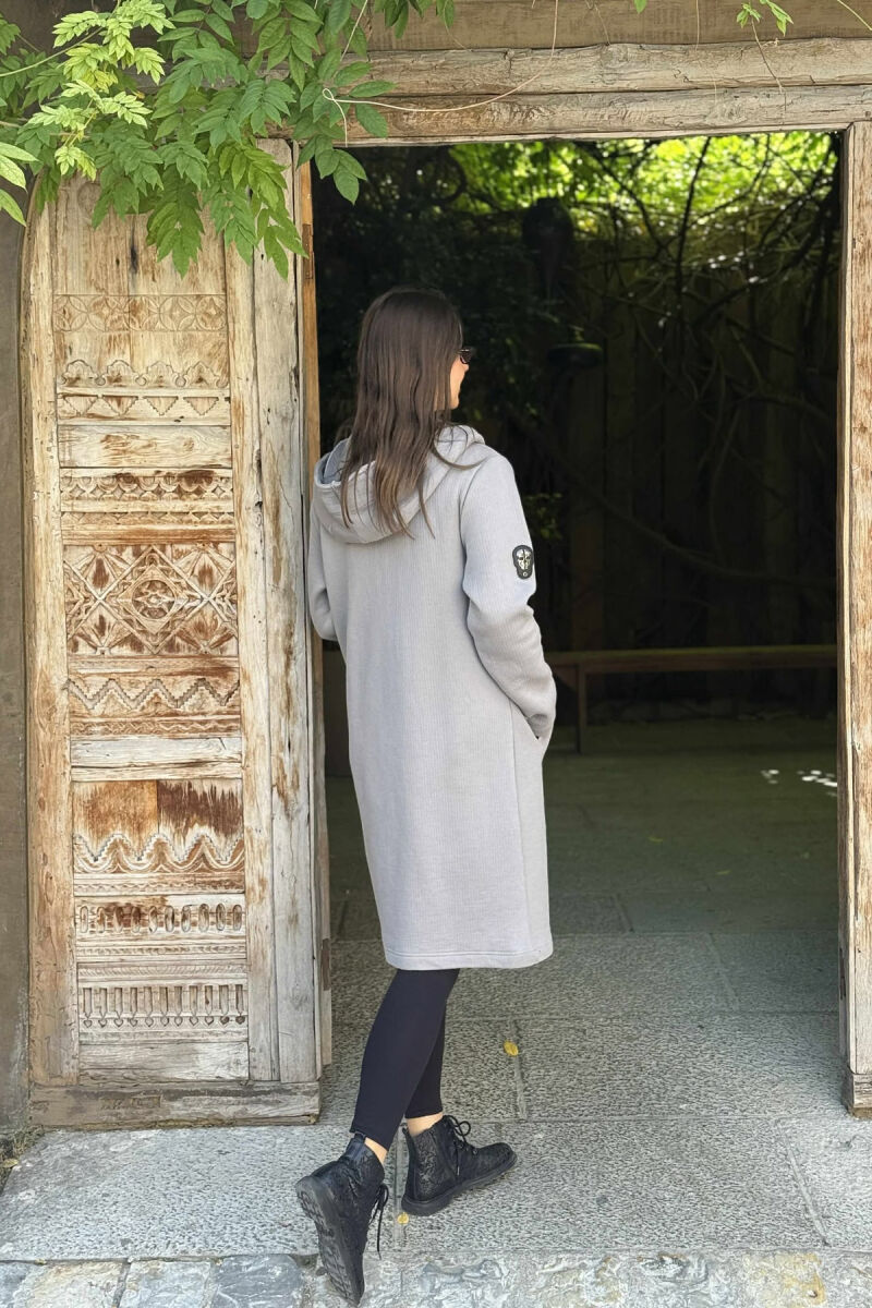 HOODED ONE COLOR LONG WOMEN CARDIGAN GREY/GRI - 3