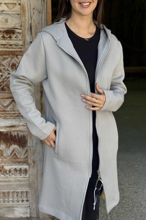 HOODED ONE COLOR LONG WOMEN CARDIGAN LIGHT GREY/GZ - 2