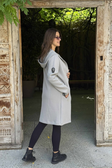 HOODED ONE COLOR LONG WOMEN CARDIGAN LIGHT GREY/GZ - 3