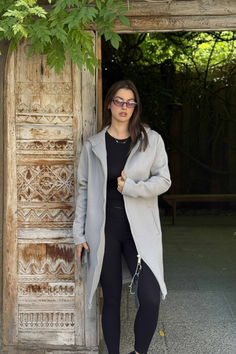 HOODED ONE COLOR LONG WOMEN CARDIGAN LIGHT GREY/GZ - 4