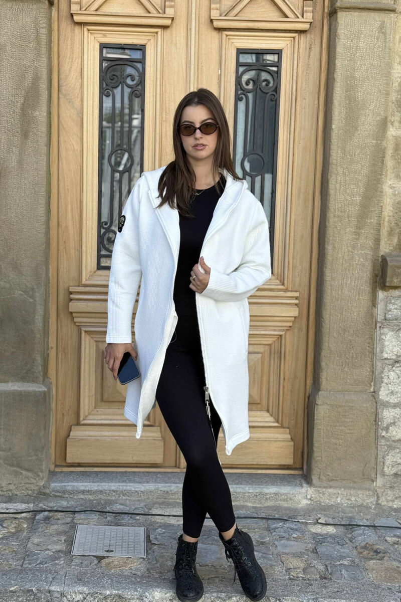 HOODED ONE COLOR LONG WOMEN CARDIGAN WHITE-E BARDHE - 1