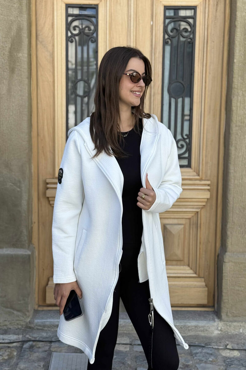 HOODED ONE COLOR LONG WOMEN CARDIGAN WHITE-E BARDHE - 3