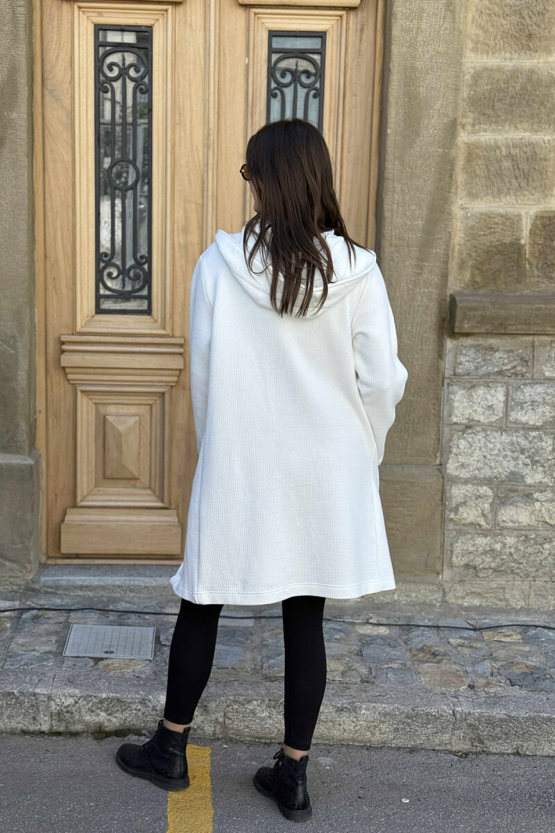HOODED ONE COLOR LONG WOMEN CARDIGAN WHITE-E BARDHE - 4
