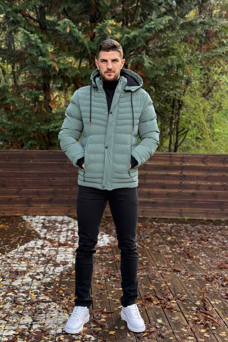 HOODED ONE COLOR MEN PUFFER JACKET BLUE STONE/GK - KLAUDIO FASHION