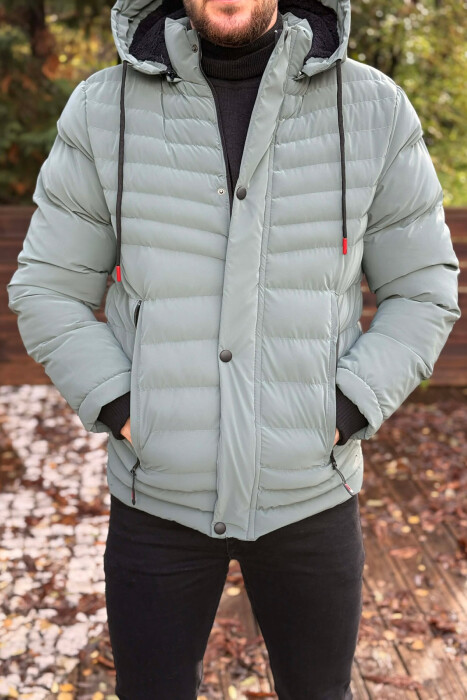 HOODED ONE COLOR MEN PUFFER JACKET BLUE STONE/GK - 2