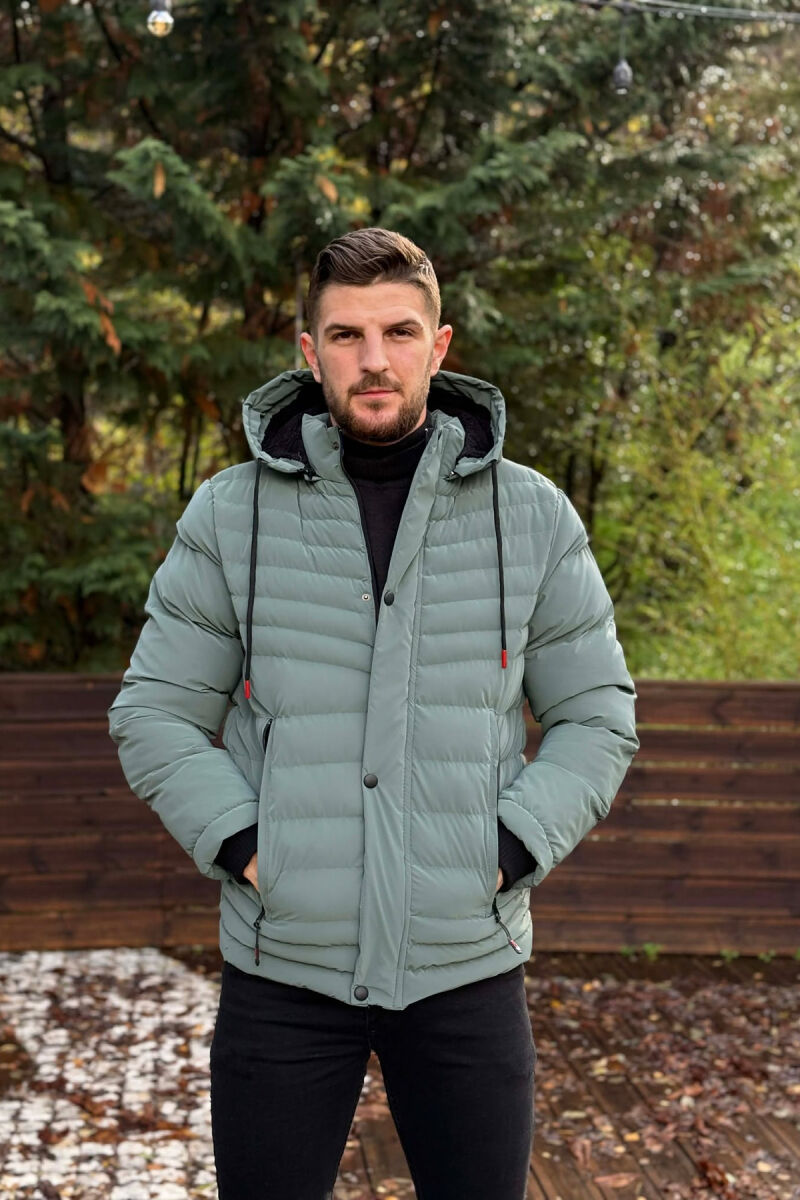 HOODED ONE COLOR MEN PUFFER JACKET BLUE STONE/GK - 3