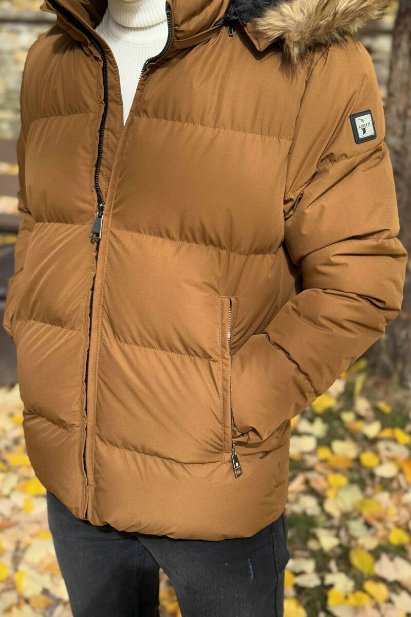 HOODED ONE COLOR MEN PUFFER JACKET BROWN/KAFE - 1