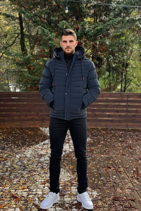 HOODED ONE COLOR MEN PUFFER JACKET DARK BLUE/BEE - KLAUDIO FASHION