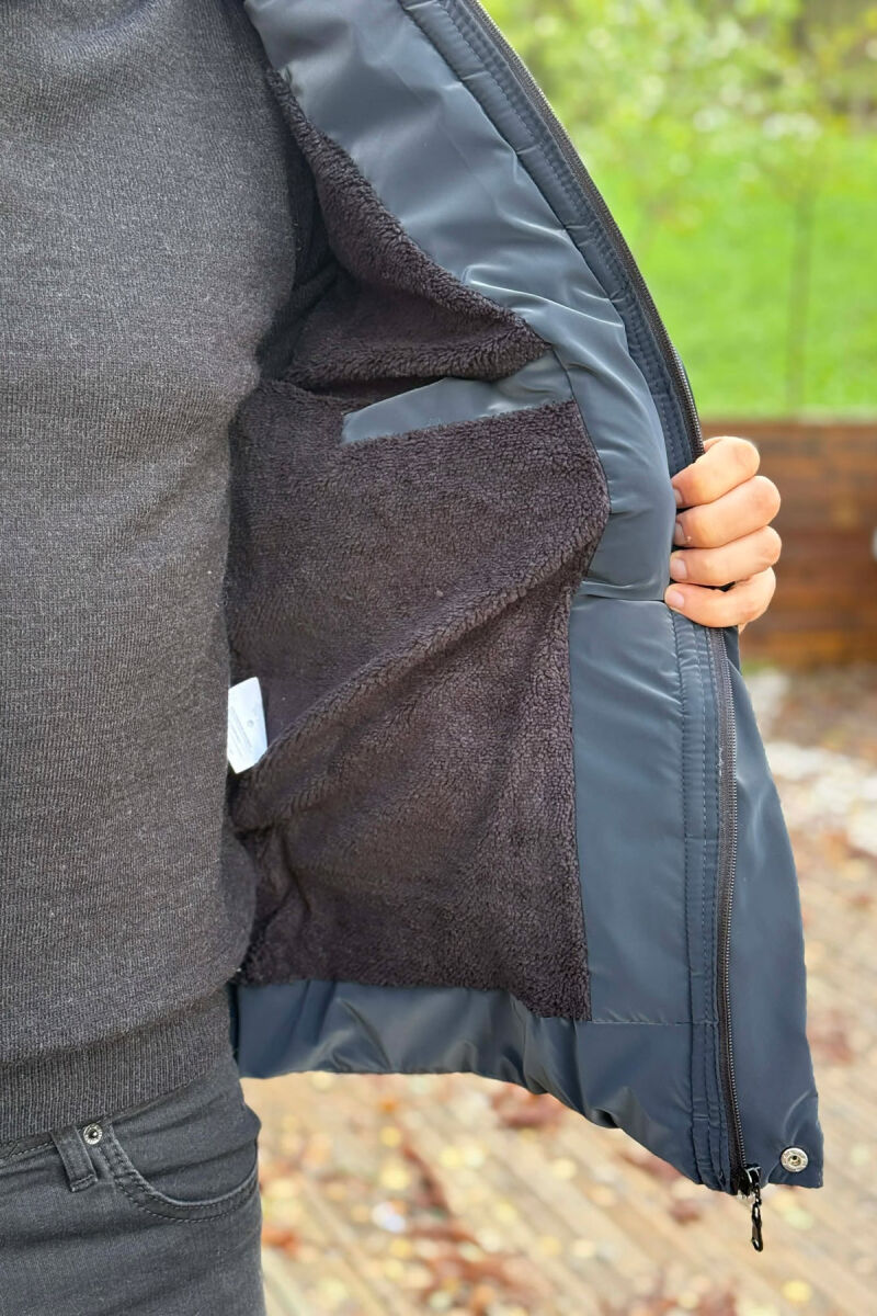 HOODED ONE COLOR MEN PUFFER JACKET DARK BLUE/BEE - 4