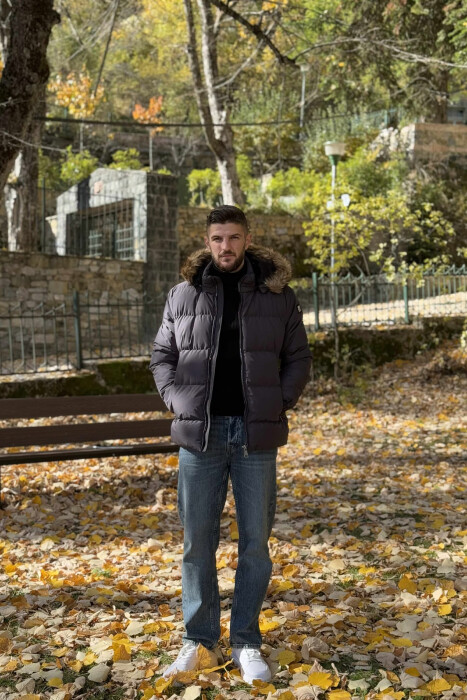 HOODED ONE COLOR MEN PUFFER JACKET DARK GREY/GEE 