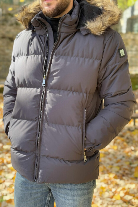 HOODED ONE COLOR MEN PUFFER JACKET DARK GREY/GEE - 2