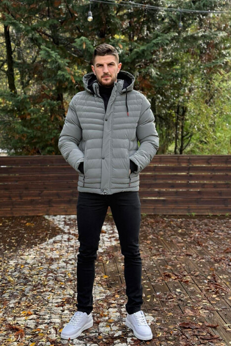 HOODED ONE COLOR MEN PUFFER JACKET GREY/GRI - 1