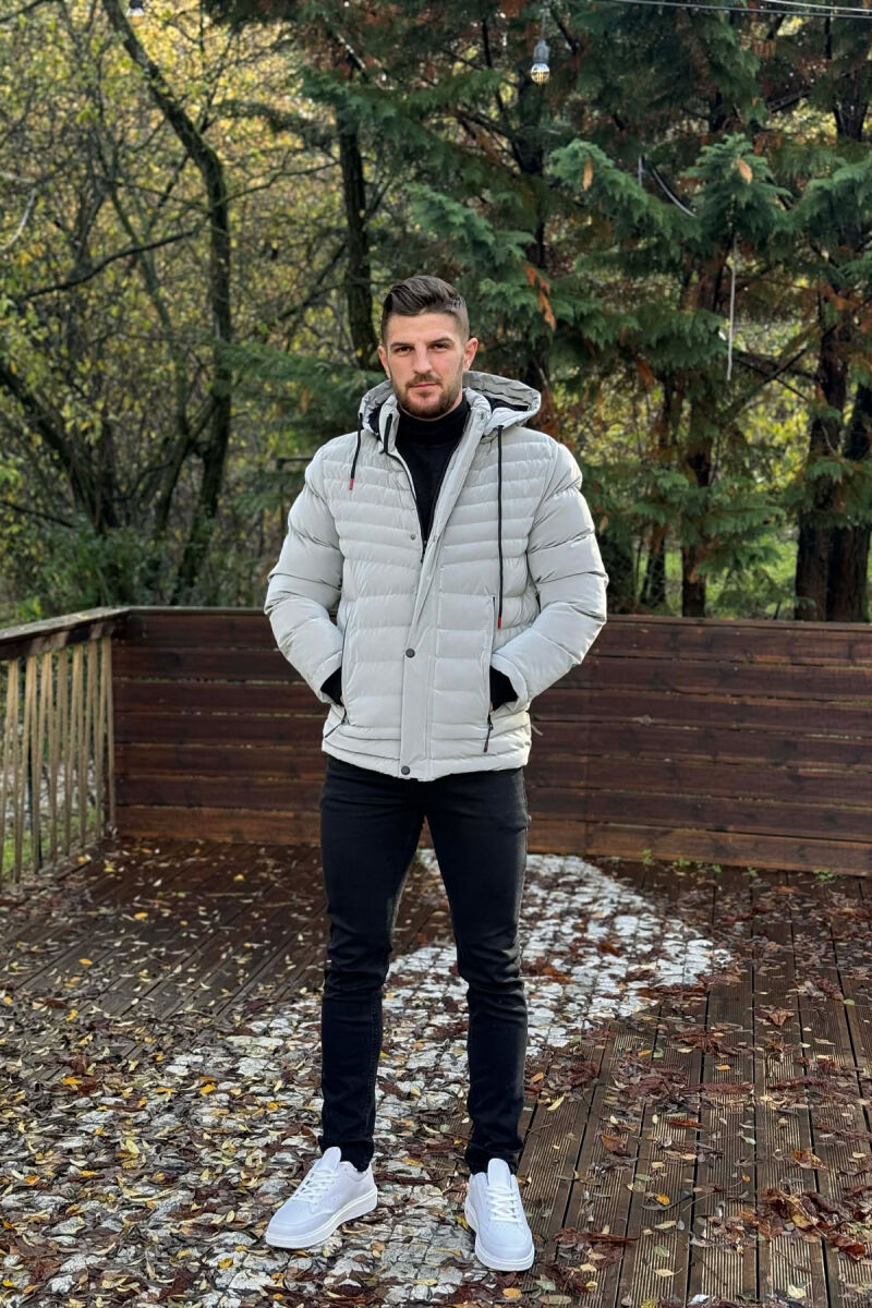 HOODED ONE COLOR MEN PUFFER JACKET LIGHT GREY/GZ - 1
