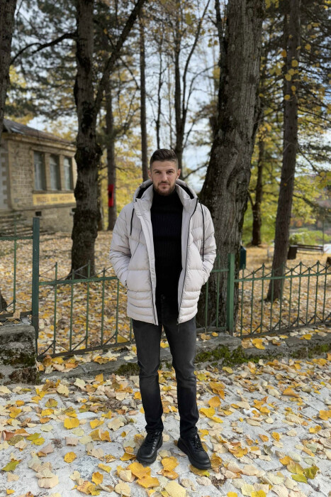 HOODED ONE COLOR MEN PUFFER JACKET LIGHT GREY/GZ - KLAUDIO FASHION