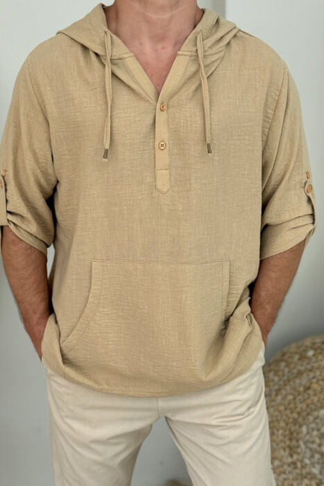 HOODED ONE COLOR MEN T-SHIRT BEIGE/BEZHE - 3