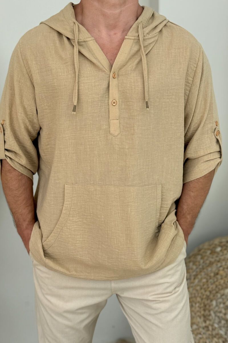 HOODED ONE COLOR MEN T-SHIRT BEIGE/BEZHE - 3