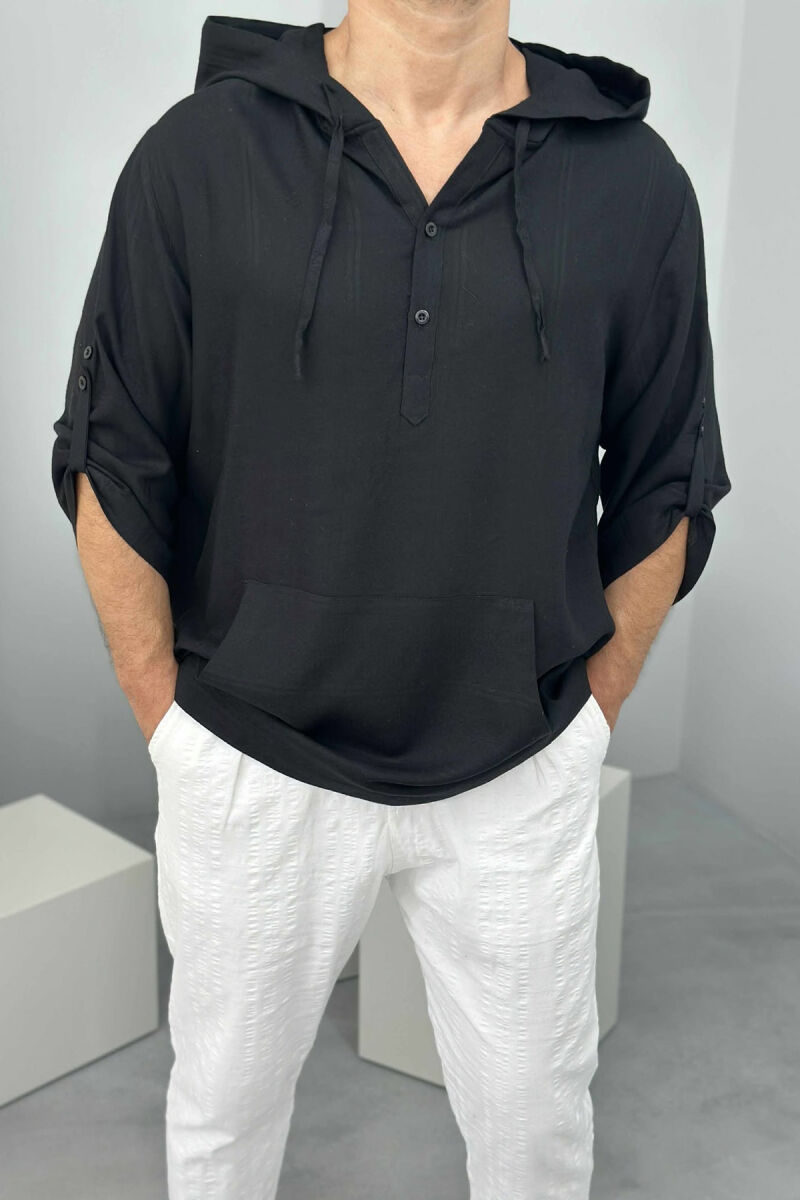 HOODED ONE COLOR MEN T-SHIRT BLACK/ E ZEZE - 1