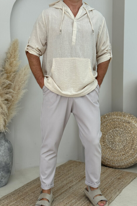 T-SHIRT NJË NGJYRËSH ME KAPUÇ PËR MESHKUJ NË NGJYRËN KREM 