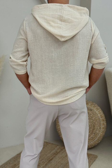 HOODED ONE COLOR MEN T-SHIRT CREAM/KREM - 2