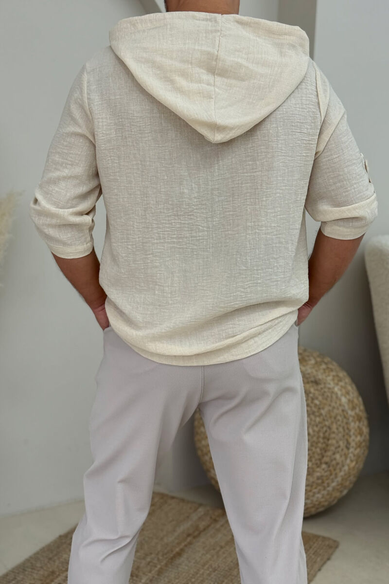 HOODED ONE COLOR MEN T-SHIRT CREAM/KREM - 2