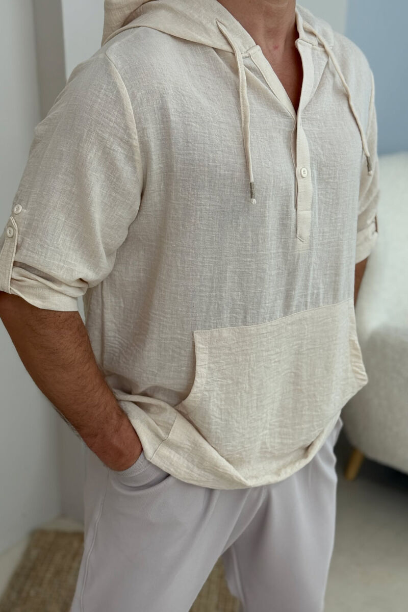 HOODED ONE COLOR MEN T-SHIRT CREAM/KREM - 3