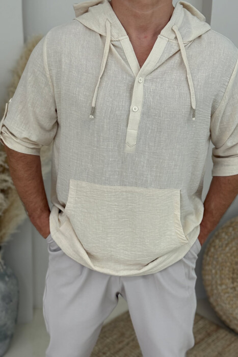 HOODED ONE COLOR MEN T-SHIRT CREAM/KREM - 4
