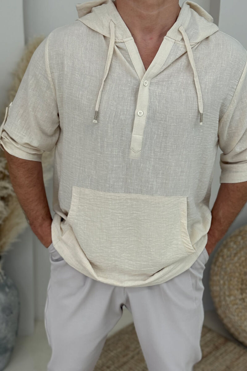 HOODED ONE COLOR MEN T-SHIRT CREAM/KREM - 4