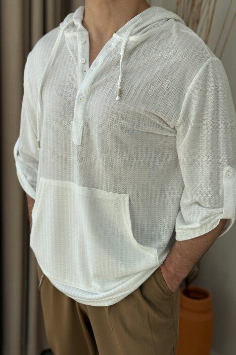 HOODED ONE COLOR MEN T-SHIRT WHITE-E BARDHE - 3