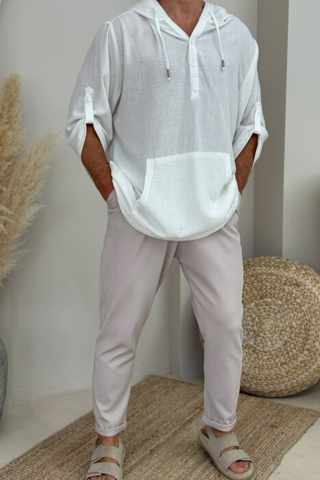 HOODED ONE COLOR MEN T-SHIRT WHITE-E BARDHE 