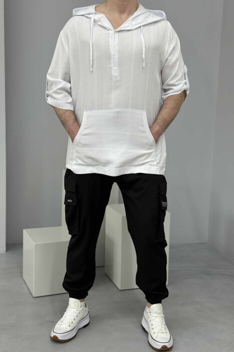 HOODED ONE COLOR MEN T-SHIRT WHITE-E BARDHE - 1