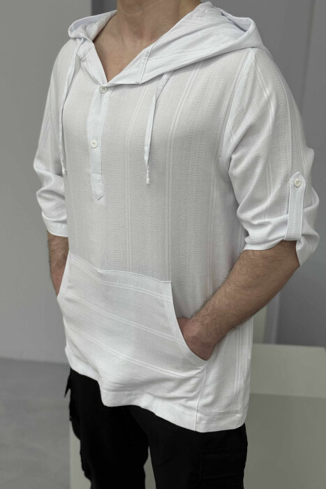 HOODED ONE COLOR MEN T-SHIRT WHITE-E BARDHE - 3