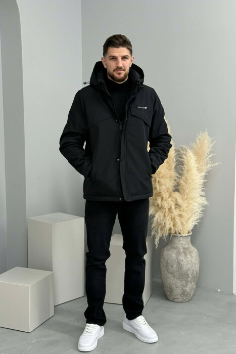 HOODED ONE COLOR MEN ZIPPERED PUFFER JACKET BLACK/ E ZEZE - 2