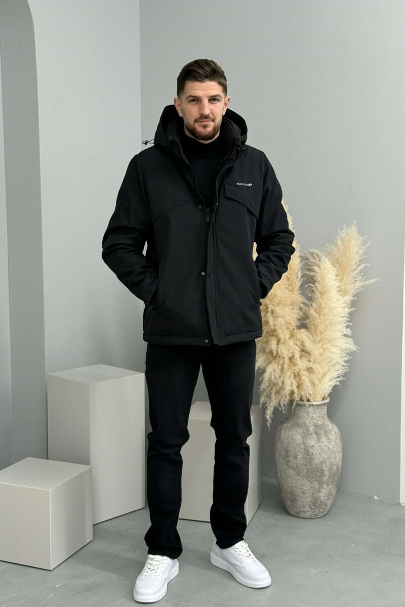 HOODED ONE COLOR MEN ZIPPERED PUFFER JACKET BLACK/ E ZEZE - 2