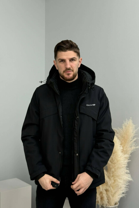 HOODED ONE COLOR MEN ZIPPERED PUFFER JACKET BLACK/ E ZEZE - 6