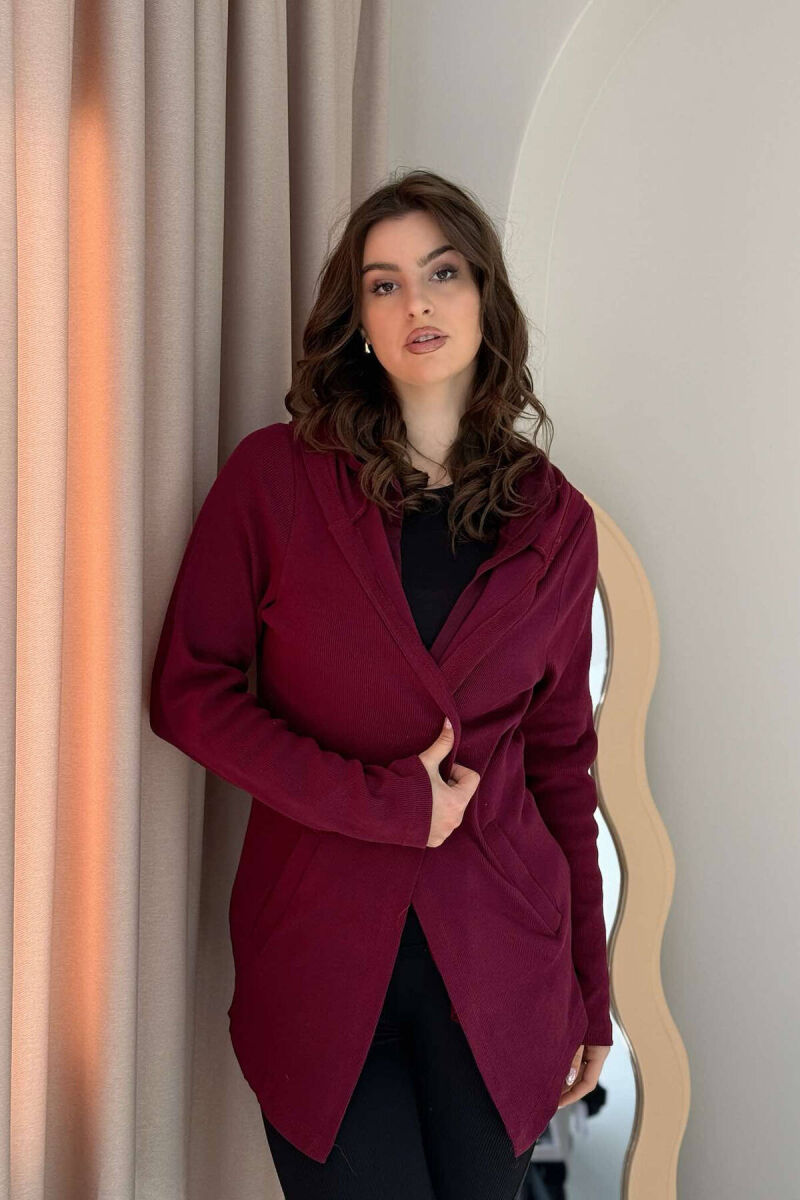 HOODED ONE COLOR WOMEN CARDIGAN BURGUNDY/VISHNJE - 1